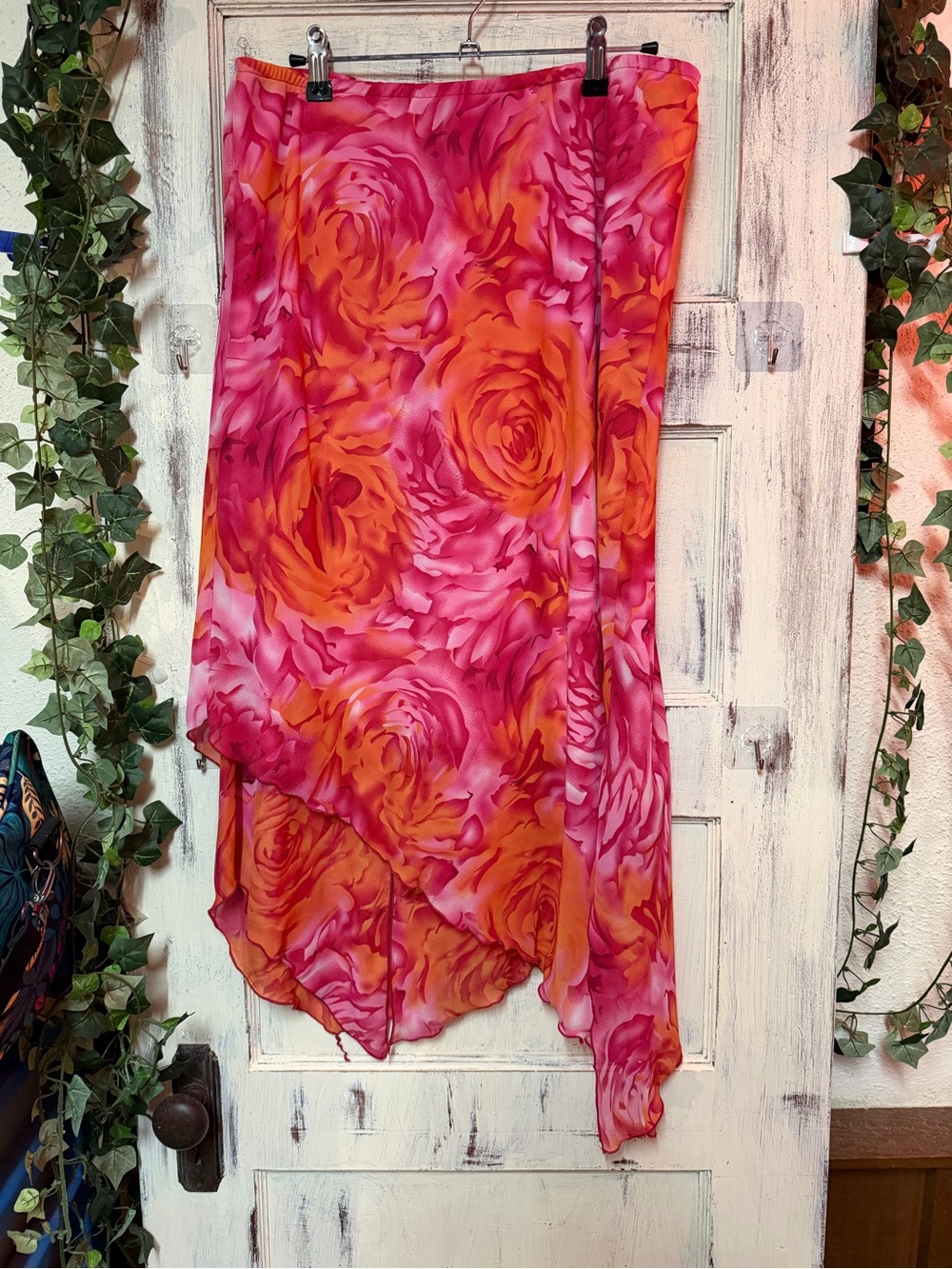 Asymmetrical Floral Midi Skirt in Pink & Orange